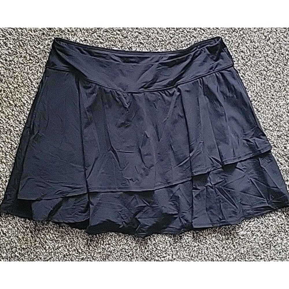 LANDS END 1X Black SWIM SKIRT Skort Brief Solid Layered Tulip Hem Modest S1152
